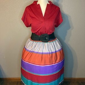 Vintage 70s Dress - Maroon With Striped Skirt